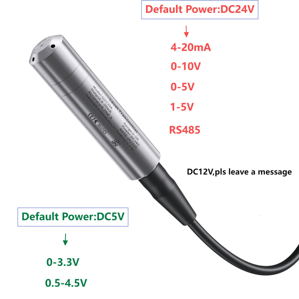 0-5m 10m 15m to RS485 Hydrostatic Liquid Level Transmitter 4-20mA 0-10V 0-3.3V 0.5-4.5V Output Water Pressure Level Sensor Probe
