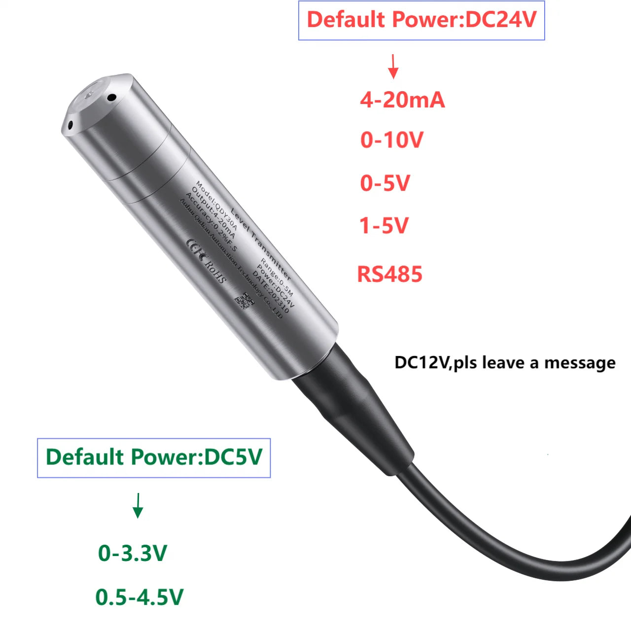 0-5m 10m 15m to RS485 Hydrostatic Liquid Level Transmitter 4-20mA 0-10V 0-3.3V 0.5-4.5V Output Water Pressure Level Sensor Probe