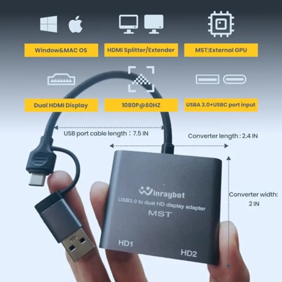USB to Dual HDMI Adapter 1080P@60Hz Extended External Monitors Dual Monitor Adapter for Window/Mac Support PC/Laptop/Desktop 2