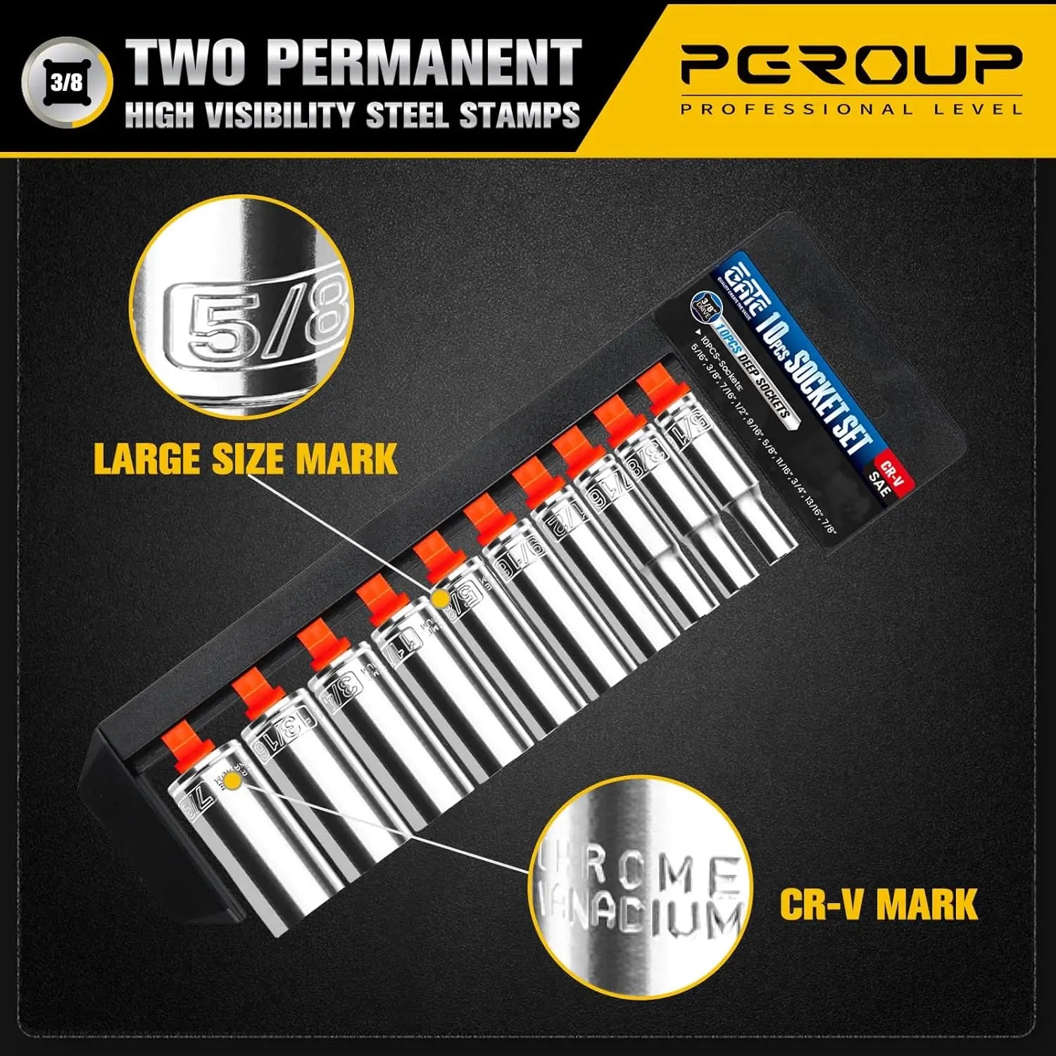 3/8" Drive Deep Socket Set, 10-Piece SAE (5/16"-7/8"), 6-Point Cr-V Steel, Chrome Plated with Hanging Rack