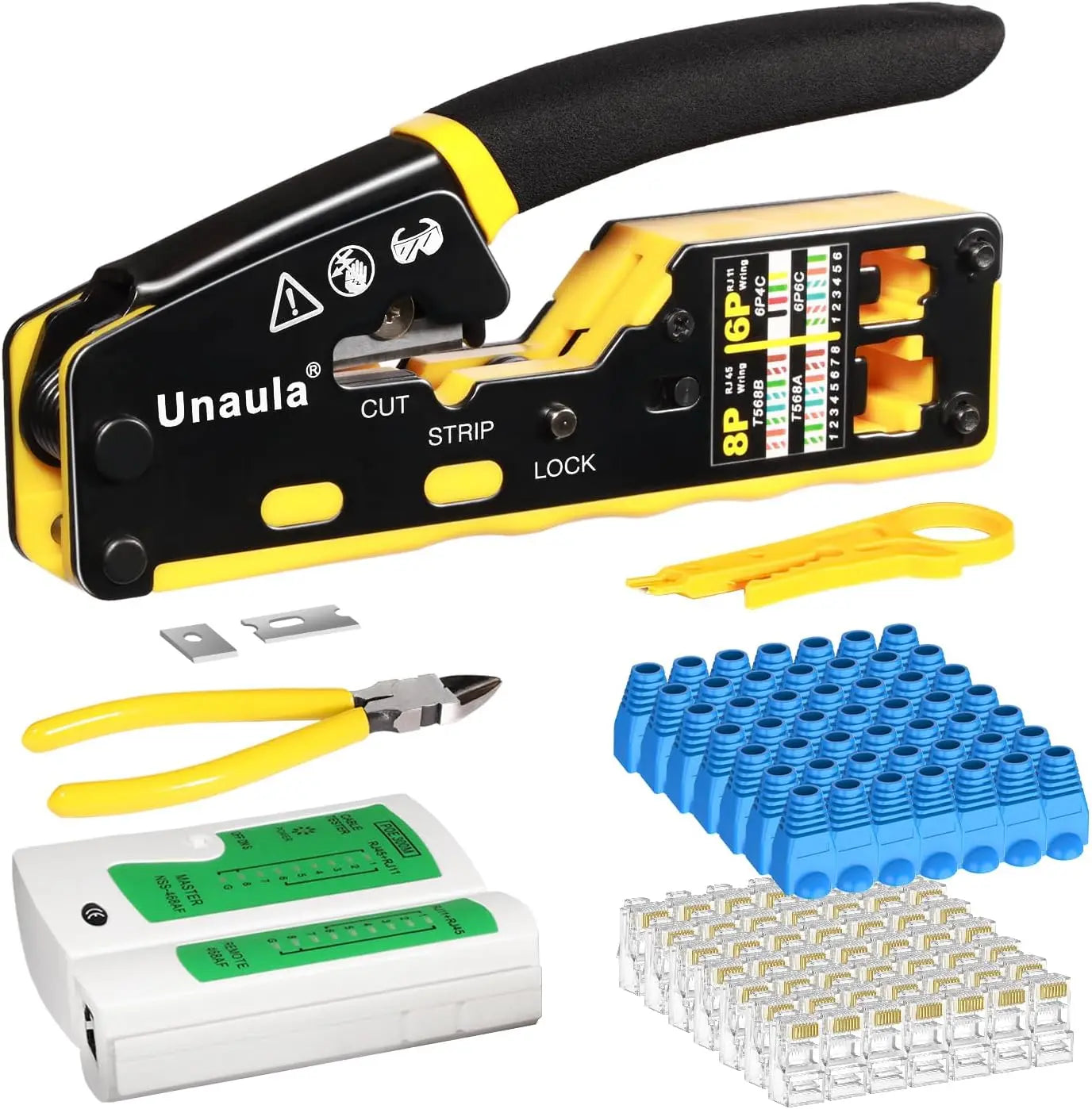 Professional RJ45 Crimp Tool Kit for Cat5 Cat6 Ethernet Cables, Pass Through Crimper with Easy Installation