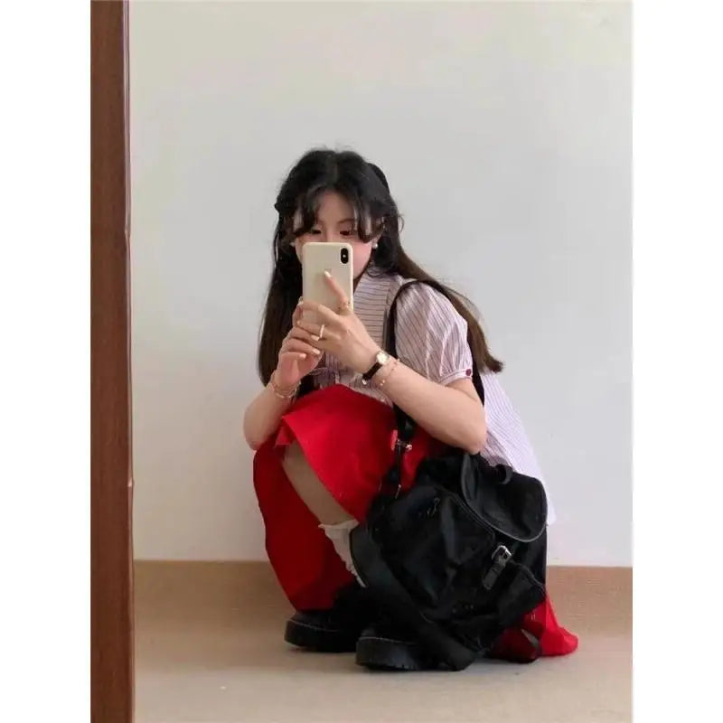 Women's Suit Fashion Two Piece Set Skirt And Shirt Cotton Women Summer Red Pocket Stripe Bow Short Sleeve Bubble Sleeve New 2025