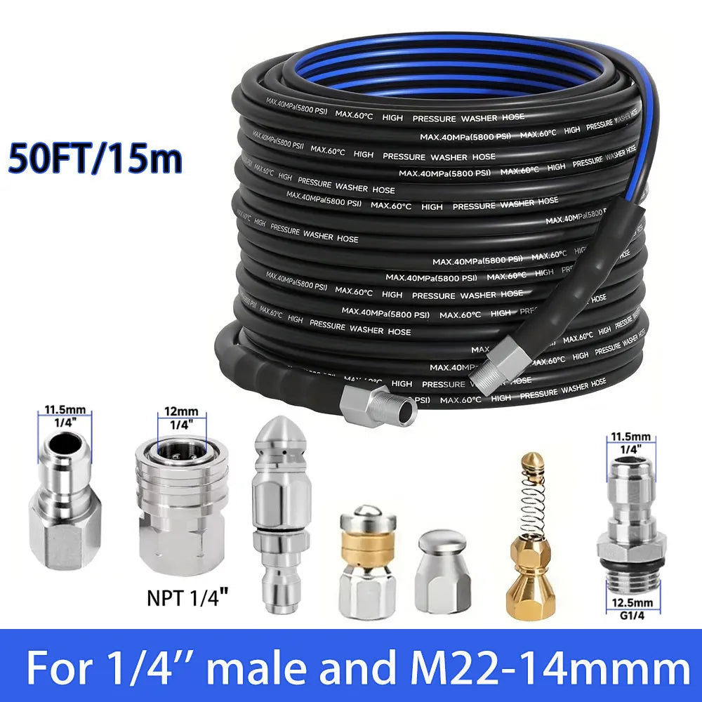 50FT Blue-Black Cleaning Hose Pressure Washer Drain Flusher,1/4" NPT  5000PSI Sink Unblocker Kitchen Flusher Nozzle Accessories
