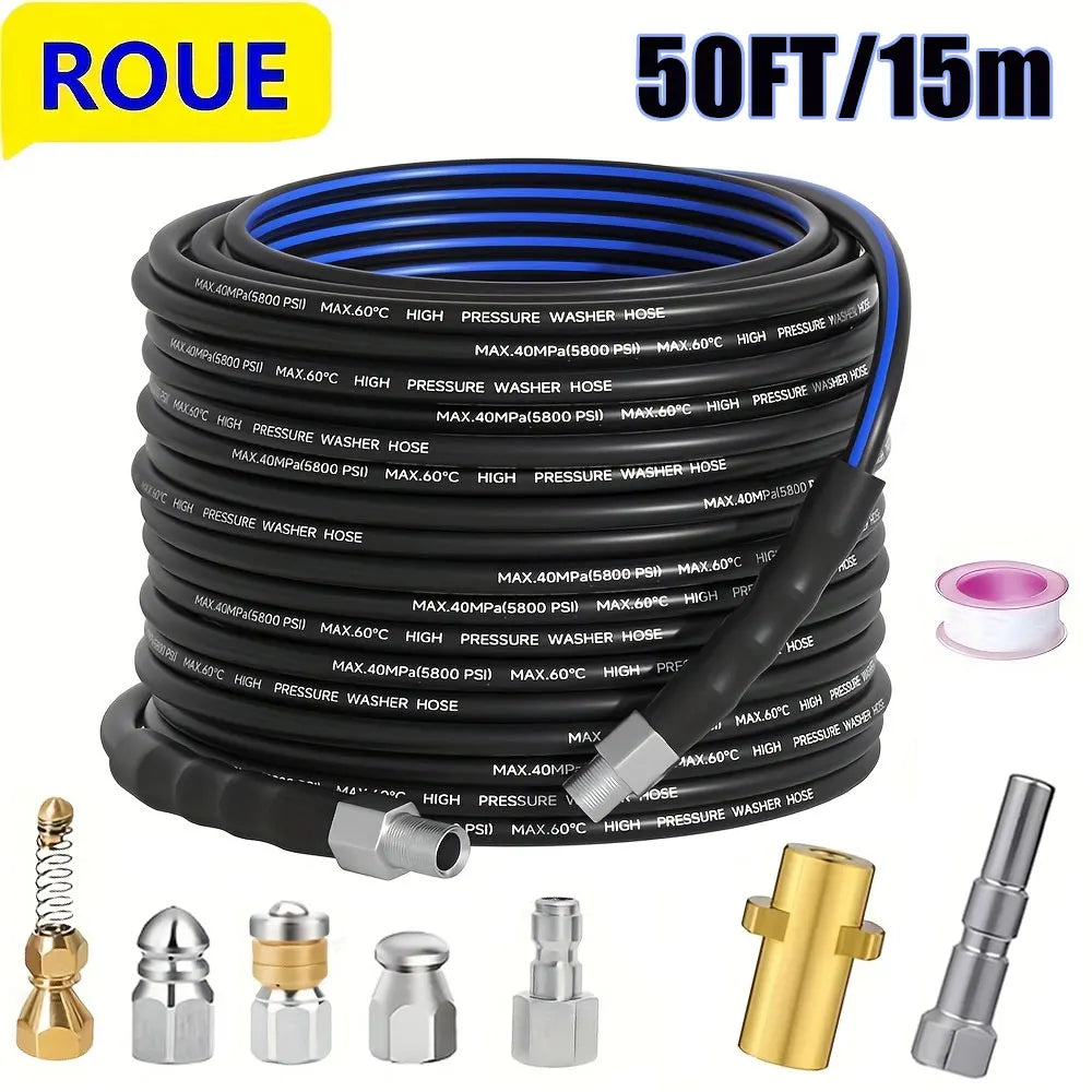 50FT Blue-Black Cleaning Hose Pressure Washer Drain Flusher,1/4" NPT  5000PSI Sink Unblocker Kitchen Flusher Nozzle Accessories
