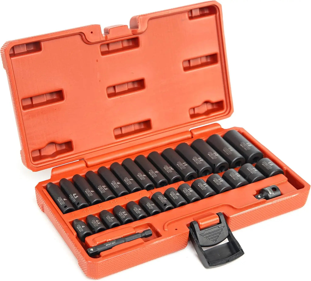 1/4" Drive Impact Socket Set 30 Piece Metric 4-15mm Deep & Shallow Chrome Vanadium Steel with Reducer & Adapter
