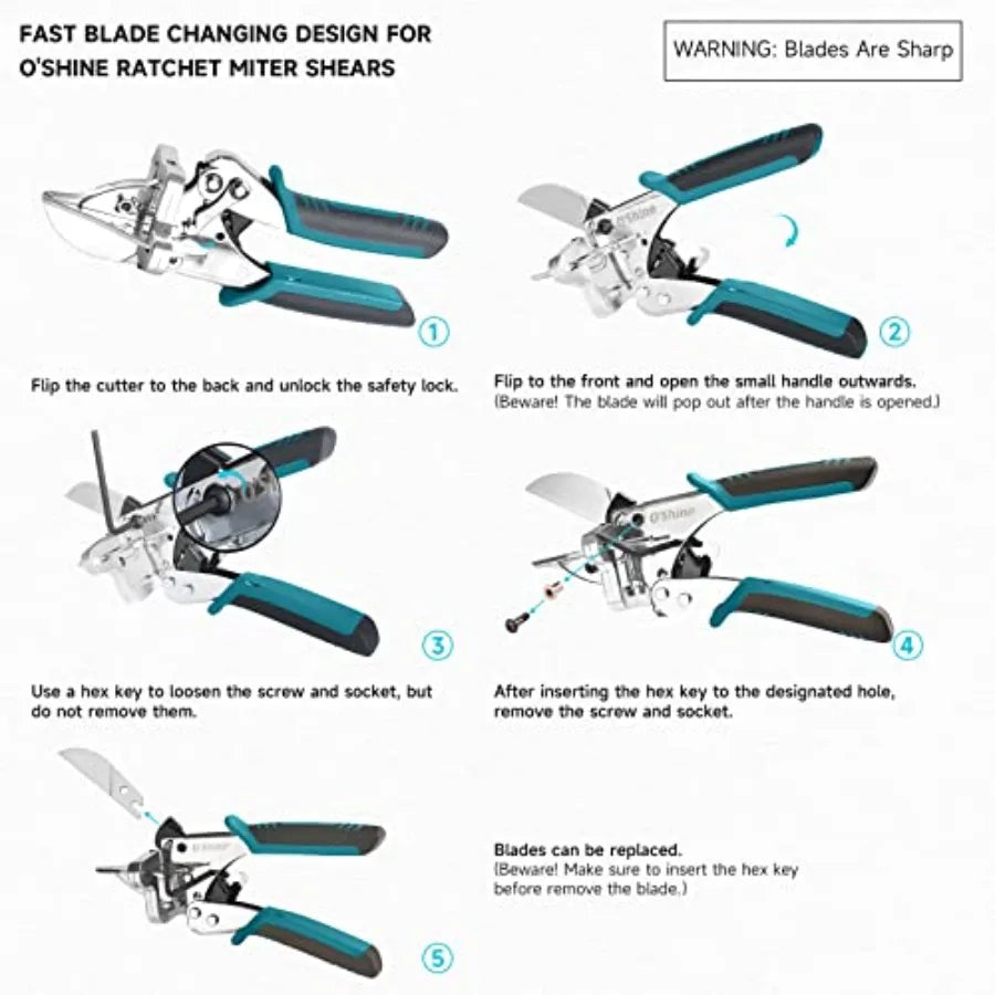 O'Shine 22.5 Degree Ratchet Miter Shears 80% Force Reduction For Angular Cutting PVC Molding Soft Wood Shoe Molding Quarter Rou