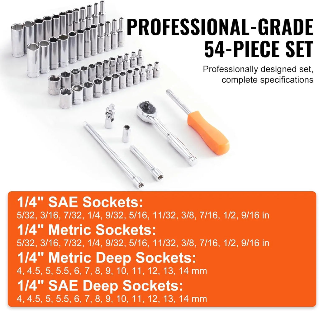 1/4 Inch Drive Socket Set, 54-Piece SAE & Metric, 6-Point Deep & Standard Sockets, CR-V Steel, with Storage Case