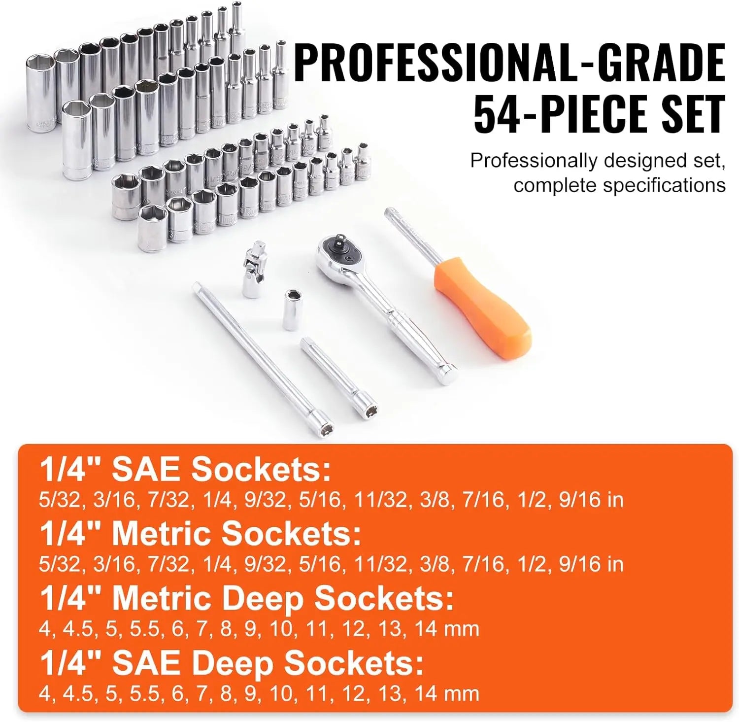 1/4 Inch Drive Socket Set, 54-Piece SAE & Metric, 6-Point Deep & Standard Sockets, CR-V Steel, with Storage Case
