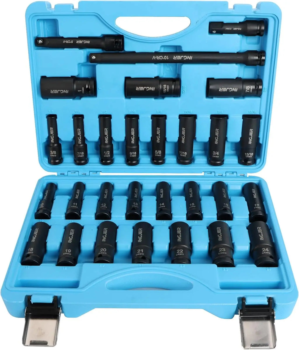 1/2" 29Pcs Impact Socket Set, SAE & Metric, Standard & Deep Sockets with Extension Bars, CR-MO Steel, High Torque for Truck