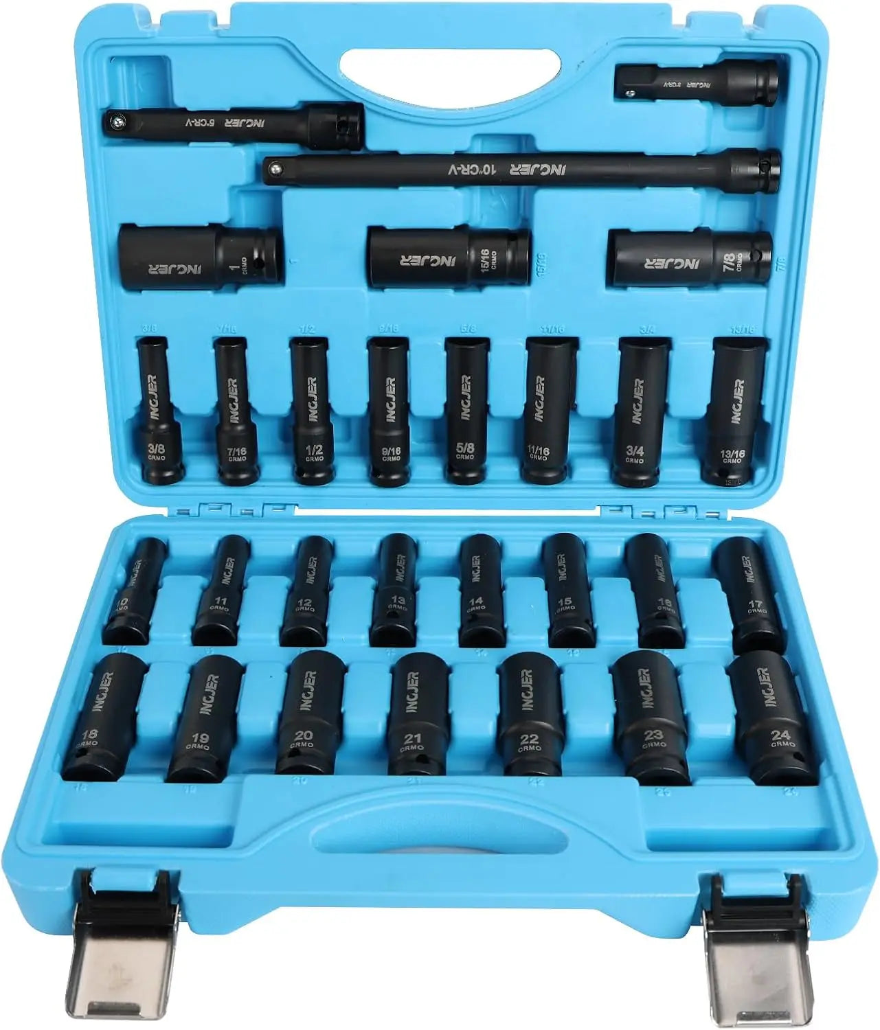 1/2" 29Pcs Impact Socket Set, SAE & Metric, Standard & Deep Sockets with Extension Bars, CR-MO Steel, High Torque for Truck