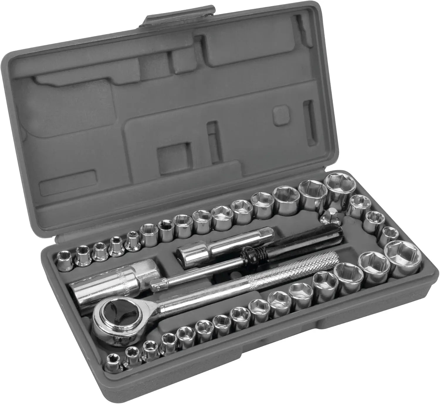 40-Piece SAE and Metric Socket Set, 1/4 & 3/8 Inch Drive, Ratchet and Extension Bar, Blow-Molded Case