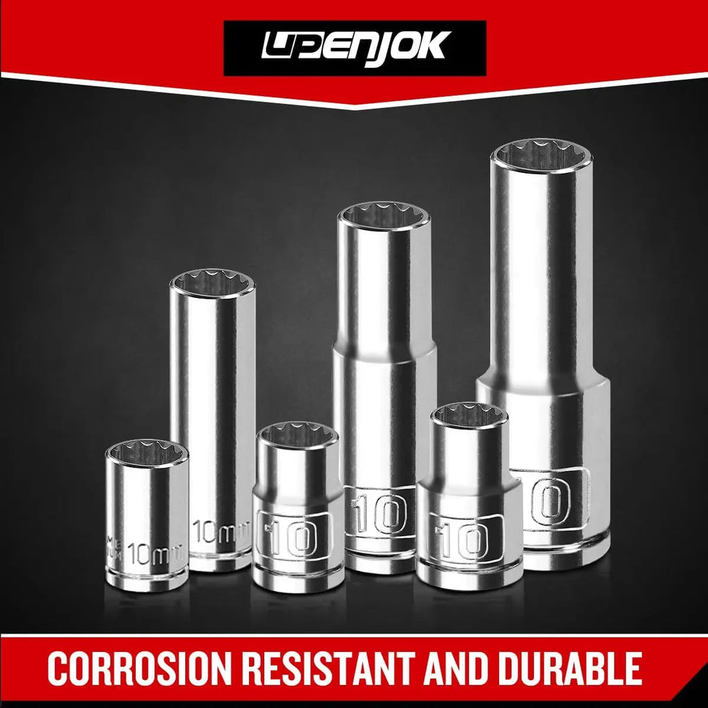 2PCS 1/2" Drive 10mm Socket Set, Deep, Mirror Finish, Cr-V Steel, 12-Point