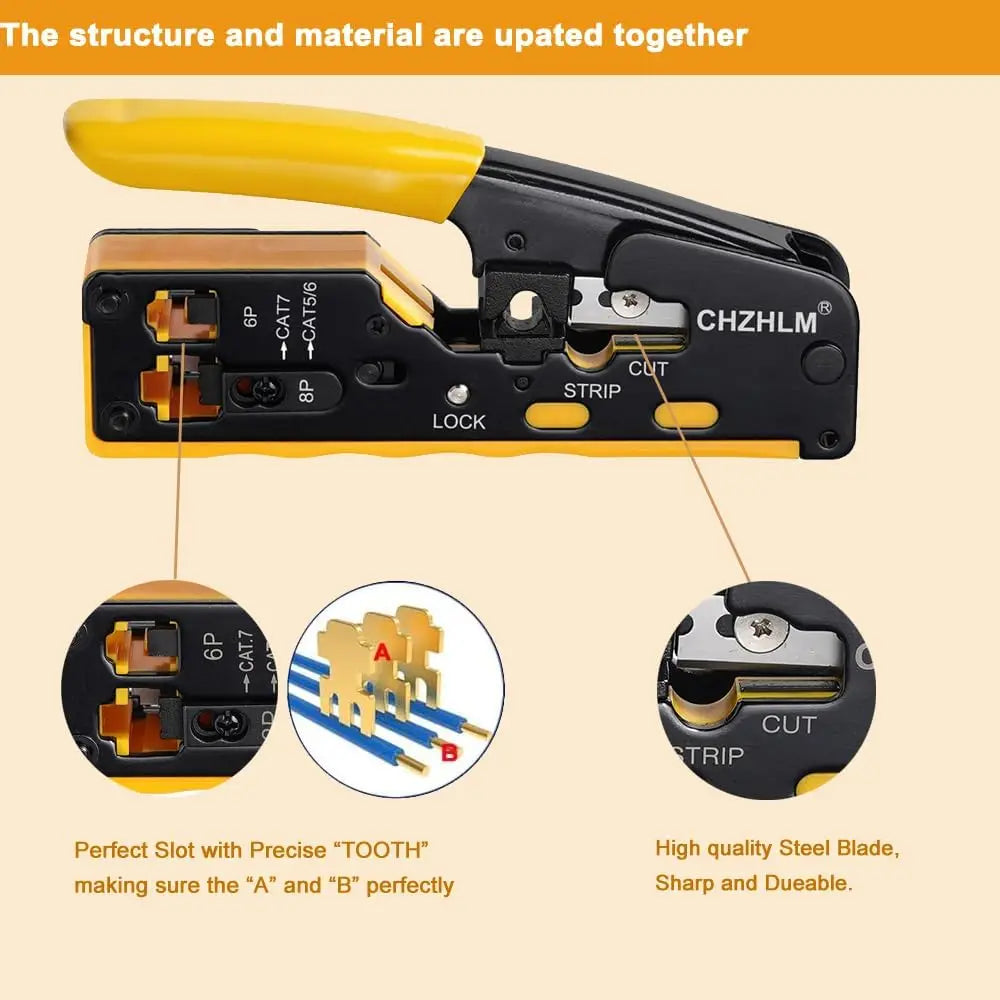 RJ45 Crimp Tool Kit with Cable Tester for Ethernet Connectors Cat7 Cat6 Cat5, Includes Stripper and Telephone Connector