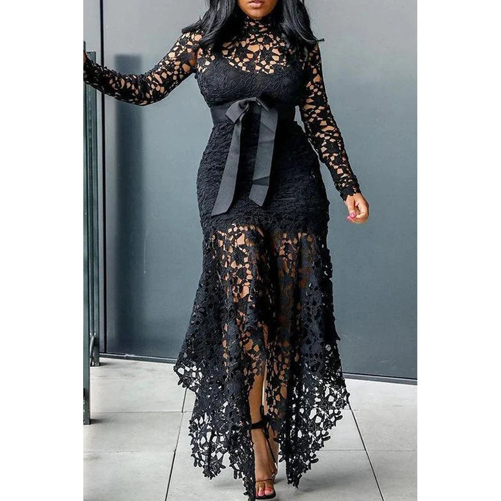 Women Elegant French Lace Dress Stand Up Collar Puff Sleeve Slim Sexy Hollow Out Irregular Hem Party Club Evening Midi Dresses