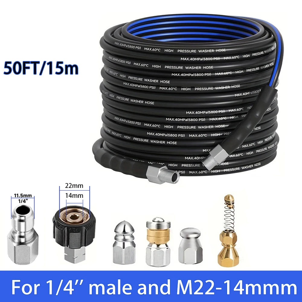 50FT Blue-Black Cleaning Hose Pressure Washer Drain Flusher,1/4" NPT  5000PSI Sink Unblocker Kitchen Flusher Nozzle Accessories