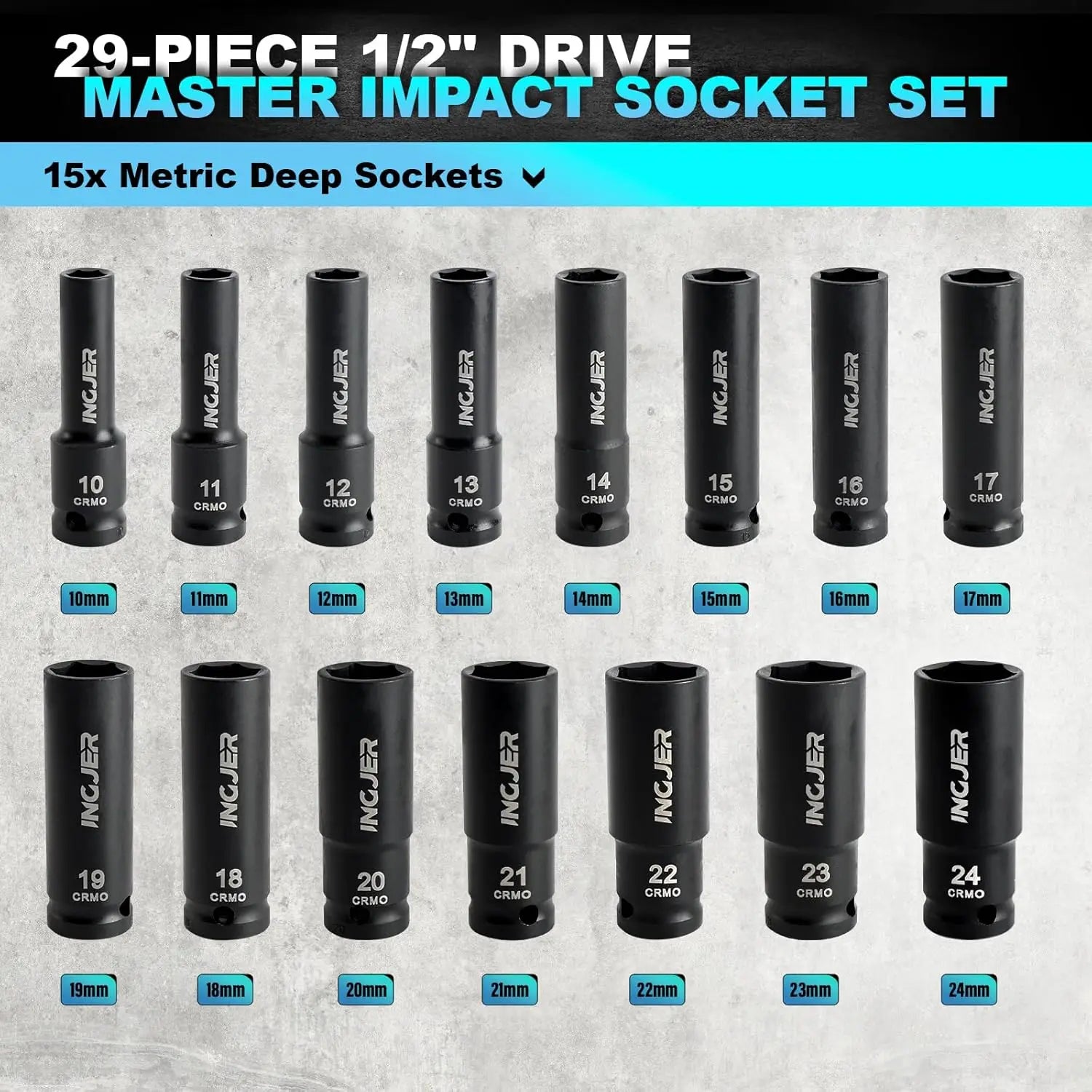1/2" 29Pcs Impact Socket Set, SAE & Metric, Standard & Deep Sockets with Extension Bars, CR-MO Steel, High Torque for Truck