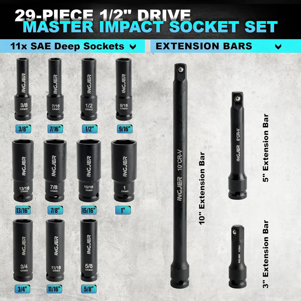 1/2" 29Pcs Impact Socket Set, SAE & Metric, Standard & Deep Sockets with Extension Bars, CR-MO Steel, High Torque for Truck