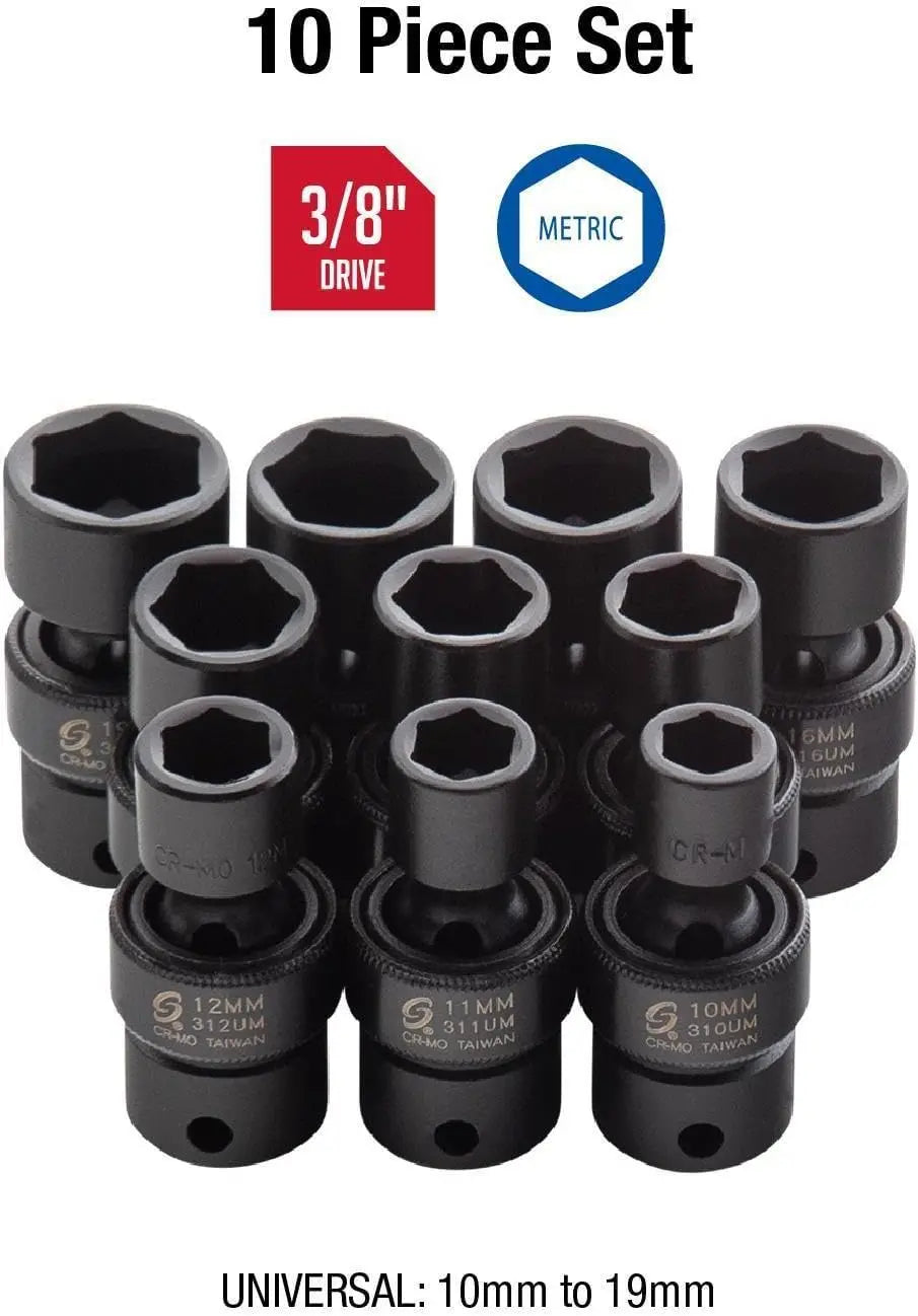 10-Piece Universal Impact Socket Set, 3/8" Drive, Metric 10-19mm, Cr-Mo Steel, Heavy Duty Case