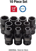 10-Piece Universal Impact Socket Set, 3/8" Drive, Metric 10-19mm, Cr-Mo Steel, Heavy Duty Case