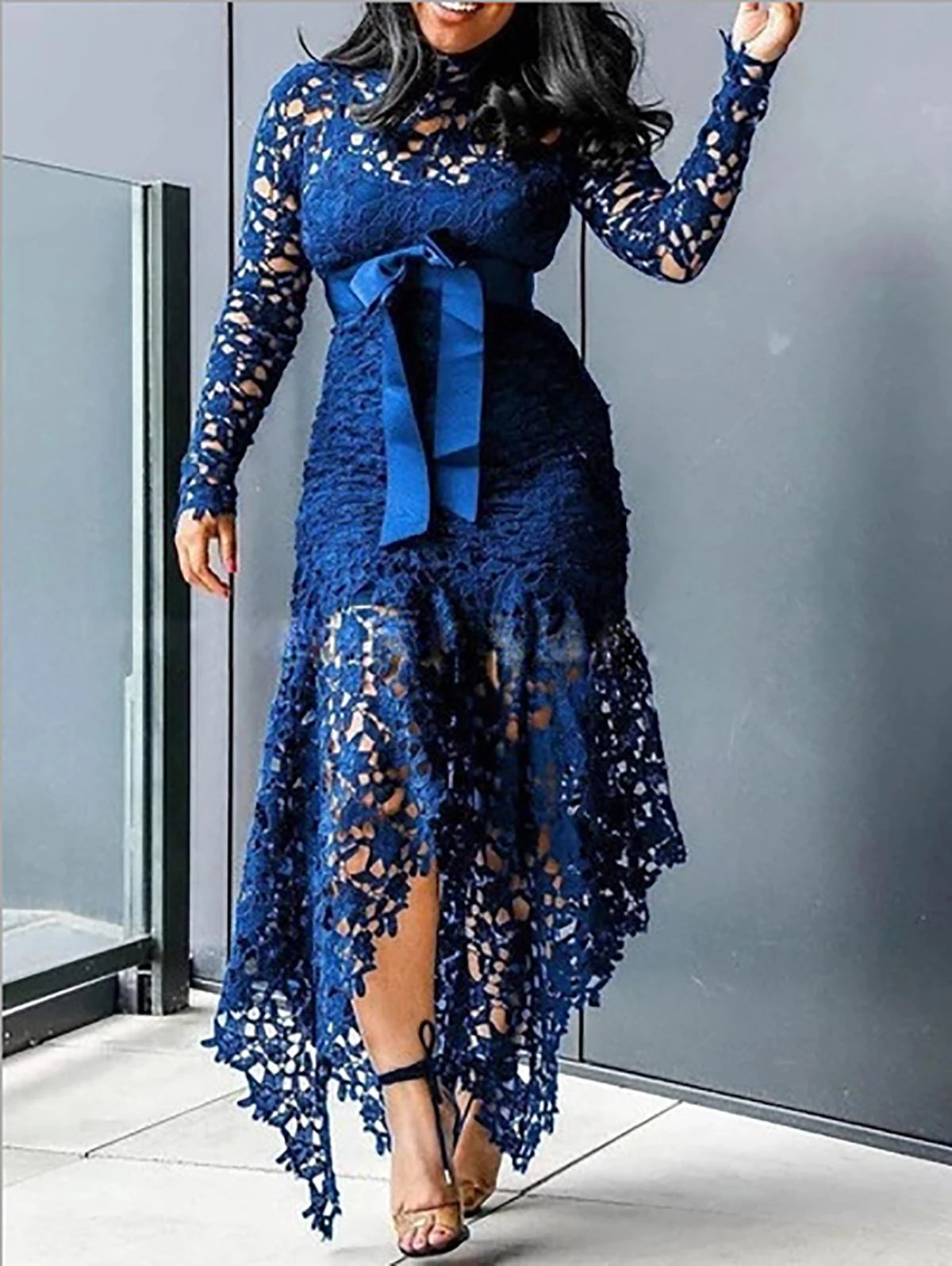 Women Elegant French Lace Dress Stand Up Collar Puff Sleeve Slim Sexy Hollow Out Irregular Hem Party Club Evening Midi Dresses