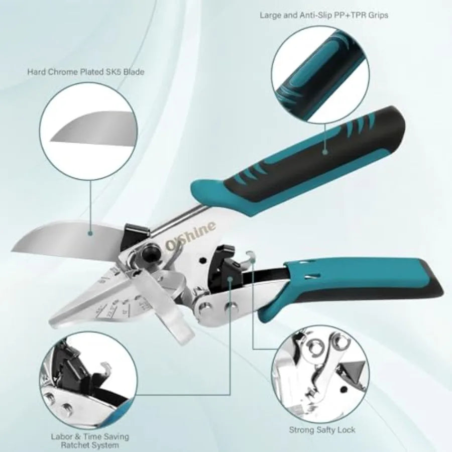 O'Shine 22.5 Degree Ratchet Miter Shears 80% Force Reduction For Angular Cutting PVC Molding Soft Wood Shoe Molding Quarter Rou