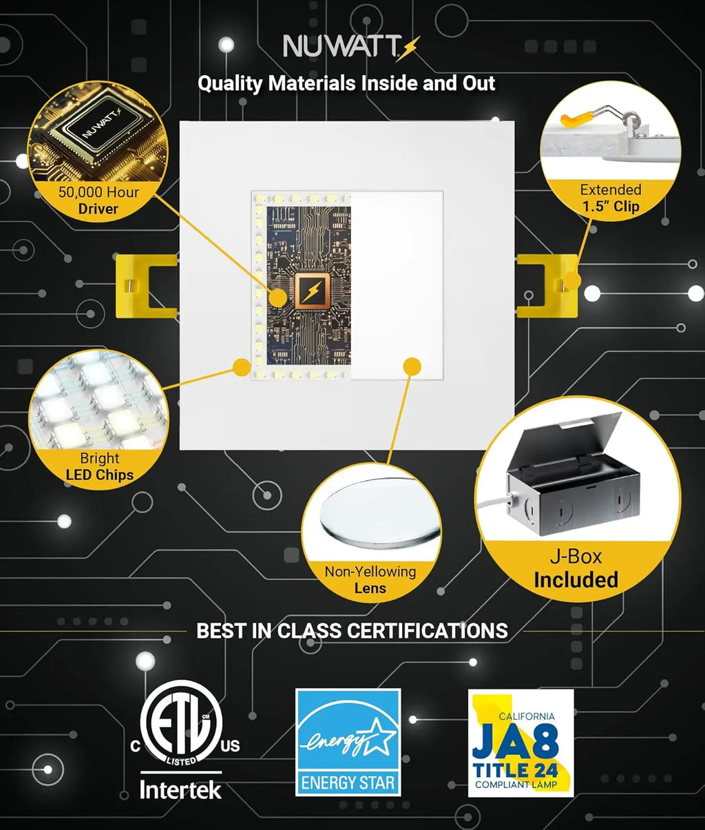 4 Inch Square LED Recessed Lights, 5 CCT Selectable 2700K-5000K, 630 Lumens Dimmable, Wet & IC Rated, Canless Downlight, 6 Pack
