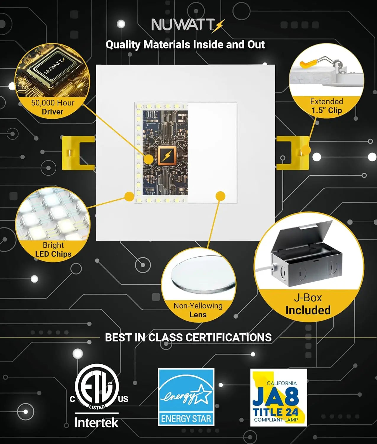 4 Inch Square LED Recessed Lights, 5 CCT Selectable 2700K-5000K, 630 Lumens Dimmable, Wet & IC Rated, Canless Downlight, 6 Pack