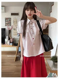 Women's Suit Fashion Two Piece Set Skirt And Shirt Cotton Women Summer Red Pocket Stripe Bow Short Sleeve Bubble Sleeve New 2025