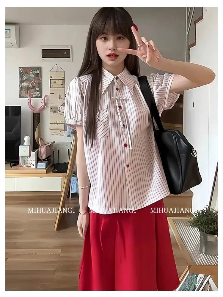 Women's Suit Fashion Two Piece Set Skirt And Shirt Cotton Women Summer Red Pocket Stripe Bow Short Sleeve Bubble Sleeve New 2025
