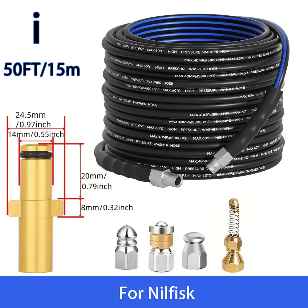 50FT Blue-Black Cleaning Hose Pressure Washer Drain Flusher,1/4" NPT  5000PSI Sink Unblocker Kitchen Flusher Nozzle Accessories