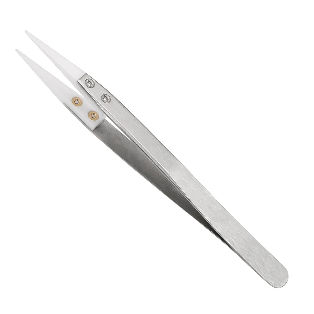 Precision Ceramic Tips Tweezers Anti-static Straight Aimed Tweezers Stainless Steel Handle High Temperature for Pinching Coils