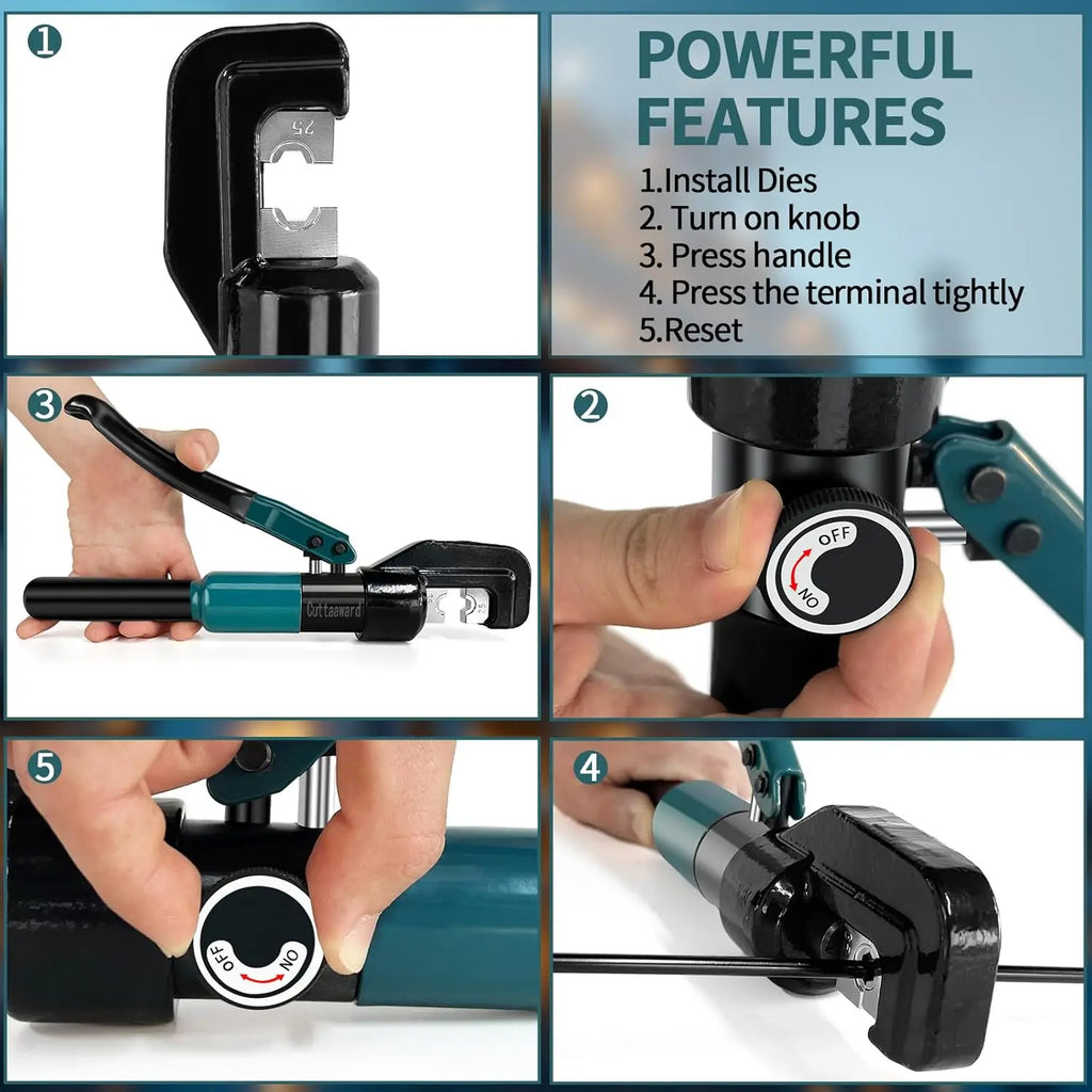 Hydraulic Crimping Tool with 9 Die Sets for Wire Rope, Battery Cables & Electrical Wires (12 AWG to 2/0 AWG)