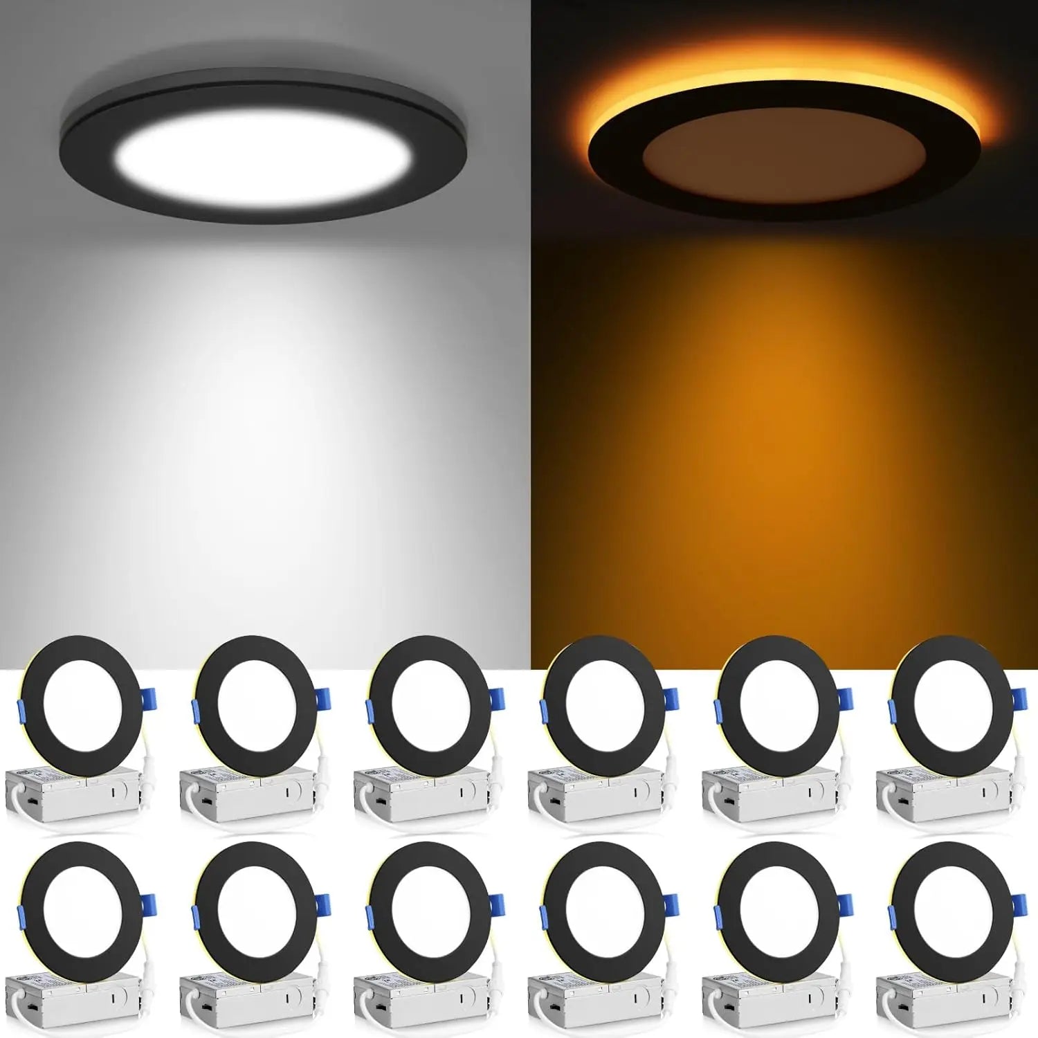 12 Pack 4" 5CCT Ultra-Thin LED Recessed Light with Night Light, 9W=75W, 750LM, Dimmable, Black Trim