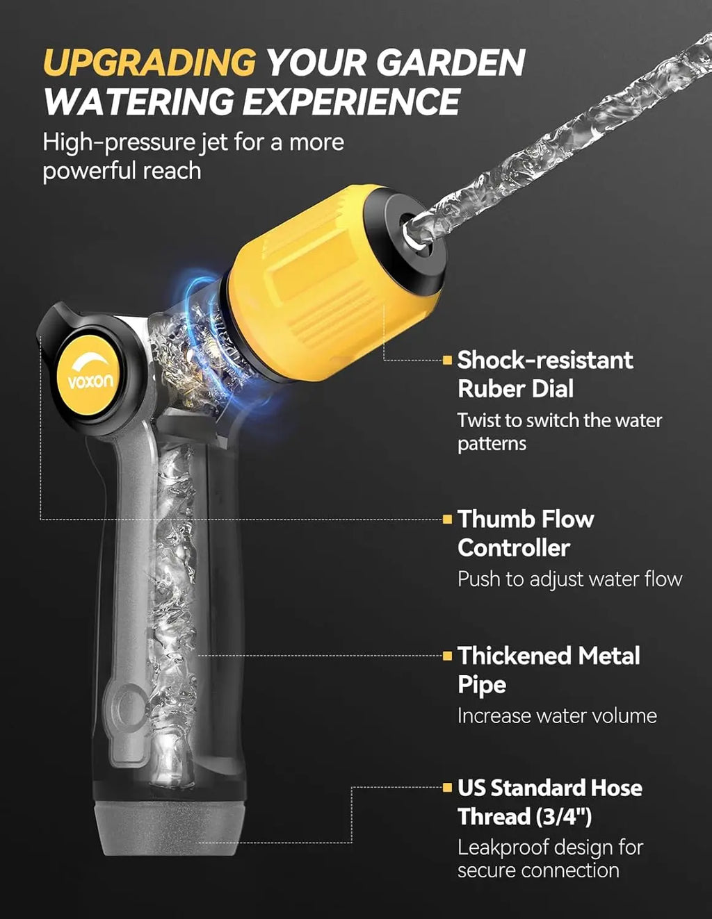 Heavy Duty Metal Garden Hose Nozzle with Thumb Flow Control and Adjustable Spray Patterns for Outdoor Watering, Car Washing, Pet
