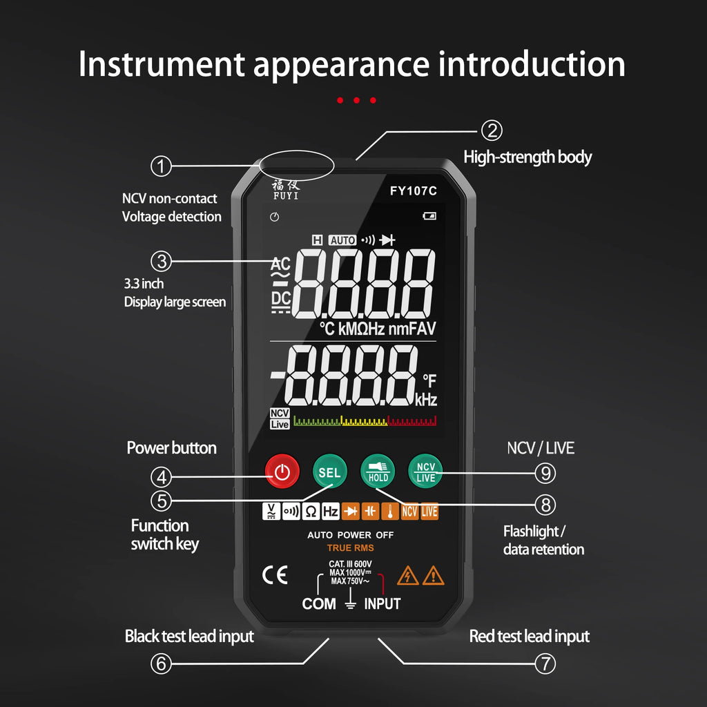 Digital Multimeter FY107C FY107B Universal Meter AC DC Voltage Ture RMS NCV Transistor Capacitor Temp Auto Voltage Smart Meter