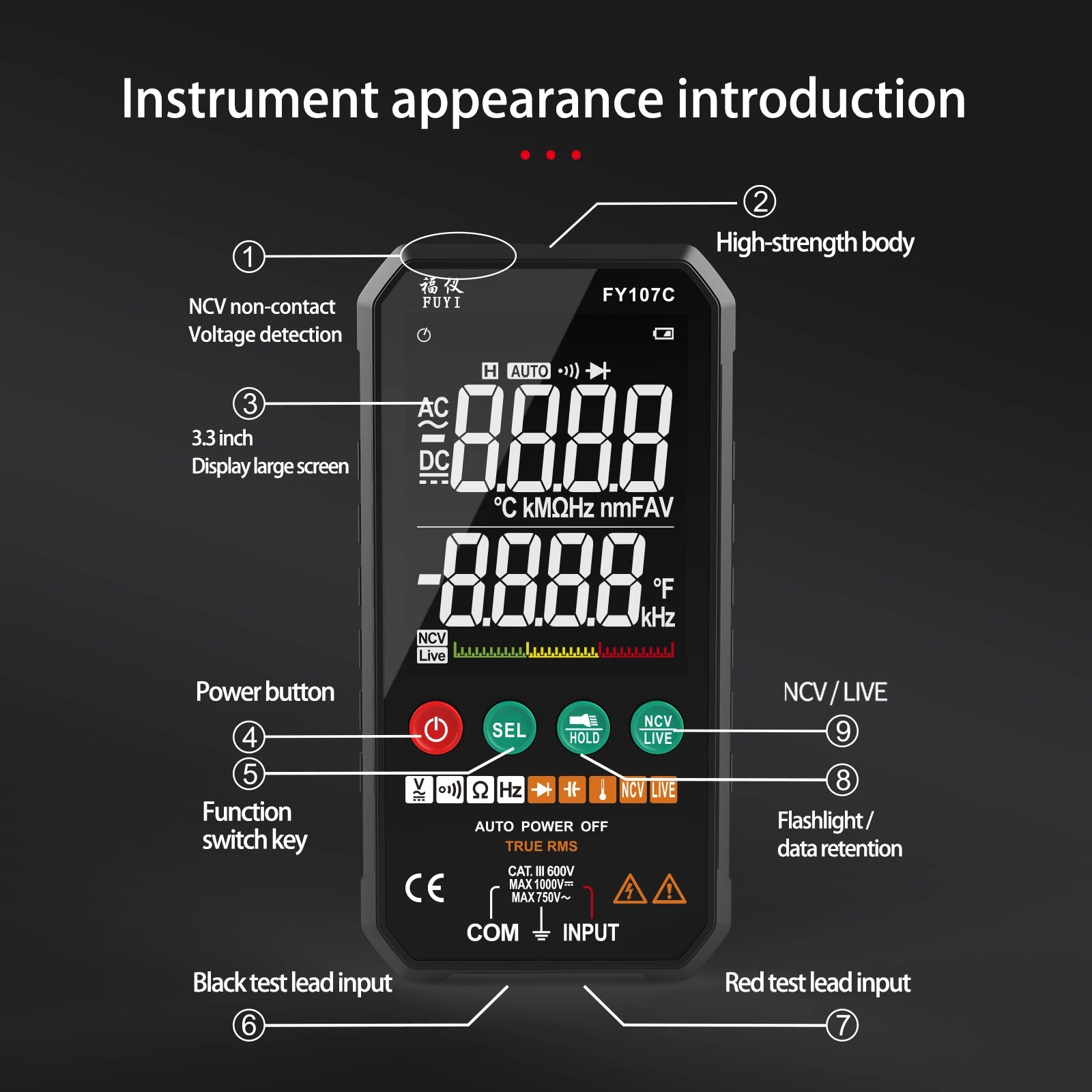 Digital Multimeter FY107C FY107B Universal Meter AC DC Voltage Ture RMS NCV Transistor Capacitor Temp Auto Voltage Smart Meter