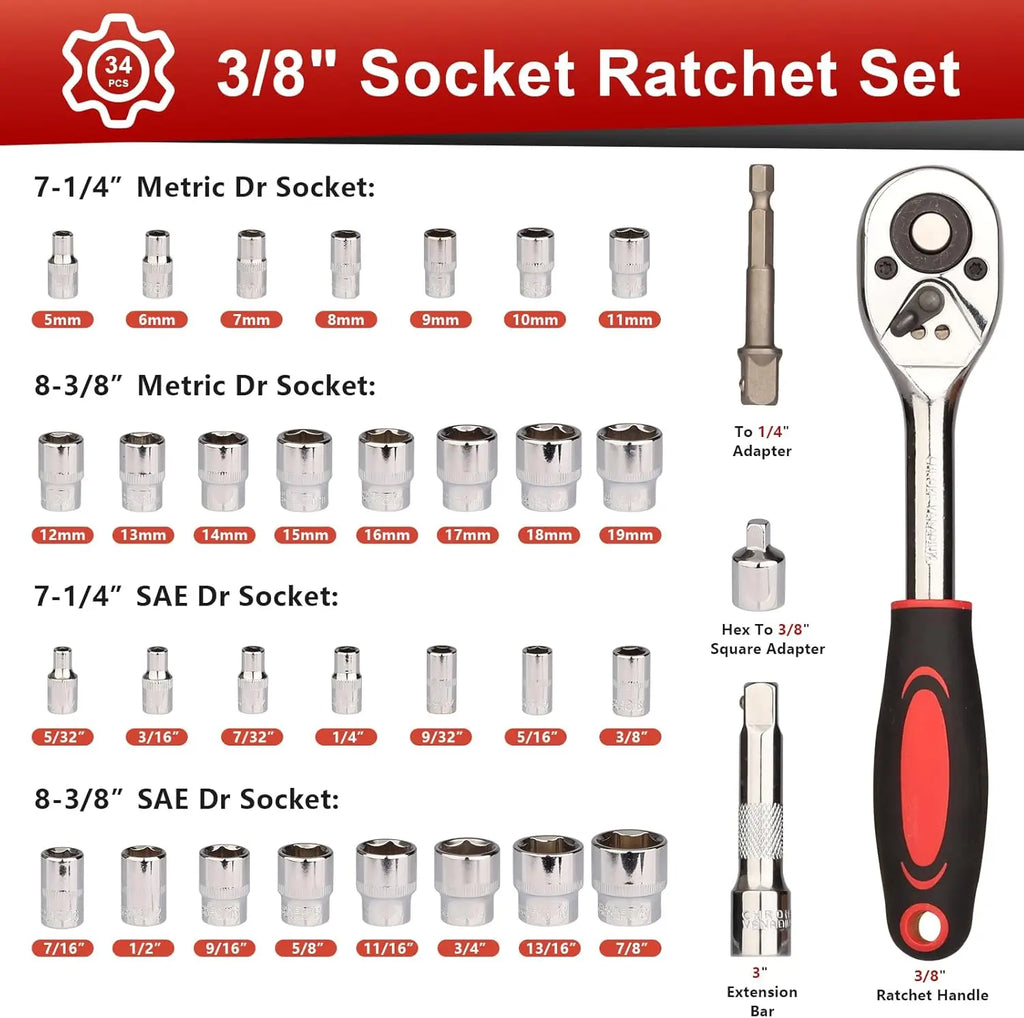 34 Piece 3/8 Inch Drive Socket Ratchet Wrench Set, Metric & SAE, with Extension Bar for Auto Repair & Household, Storage Case