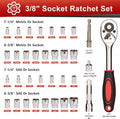 34 Piece 3/8 Inch Drive Socket Ratchet Wrench Set, Metric & SAE, with Extension Bar for Auto Repair & Household, Storage Case