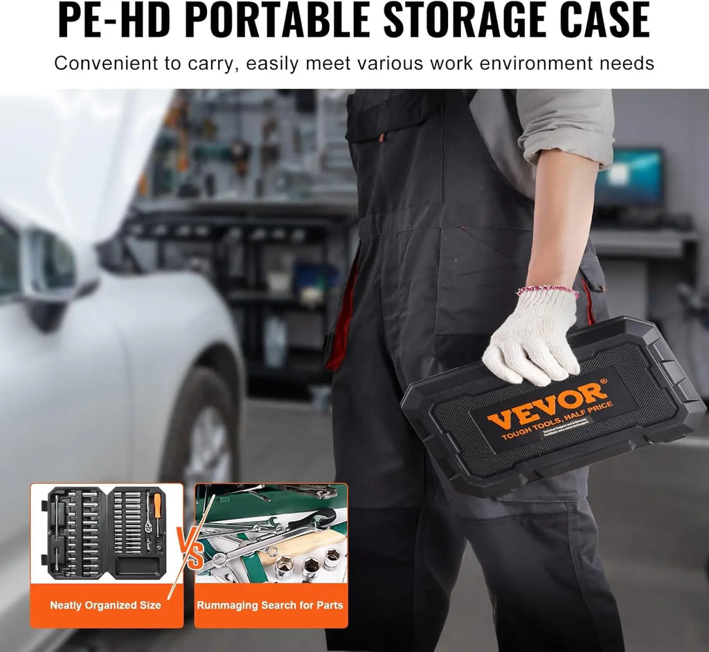 1/4 Inch Drive Socket Set, 54-Piece SAE & Metric, 6-Point Deep & Standard Sockets, CR-V Steel, with Storage Case