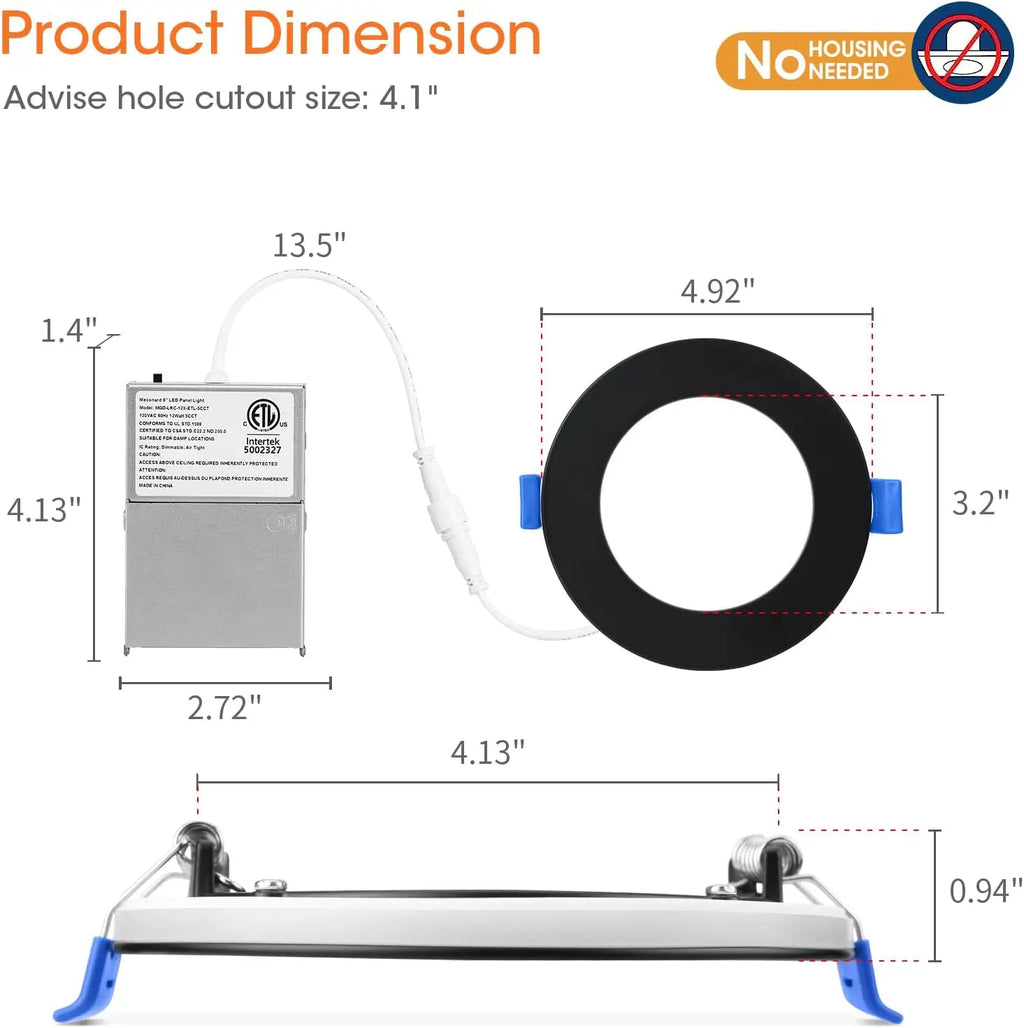 12 Pack 4" 5CCT Ultra-Thin LED Recessed Light with Night Light, 9W=75W, 750LM, Dimmable, Black Trim