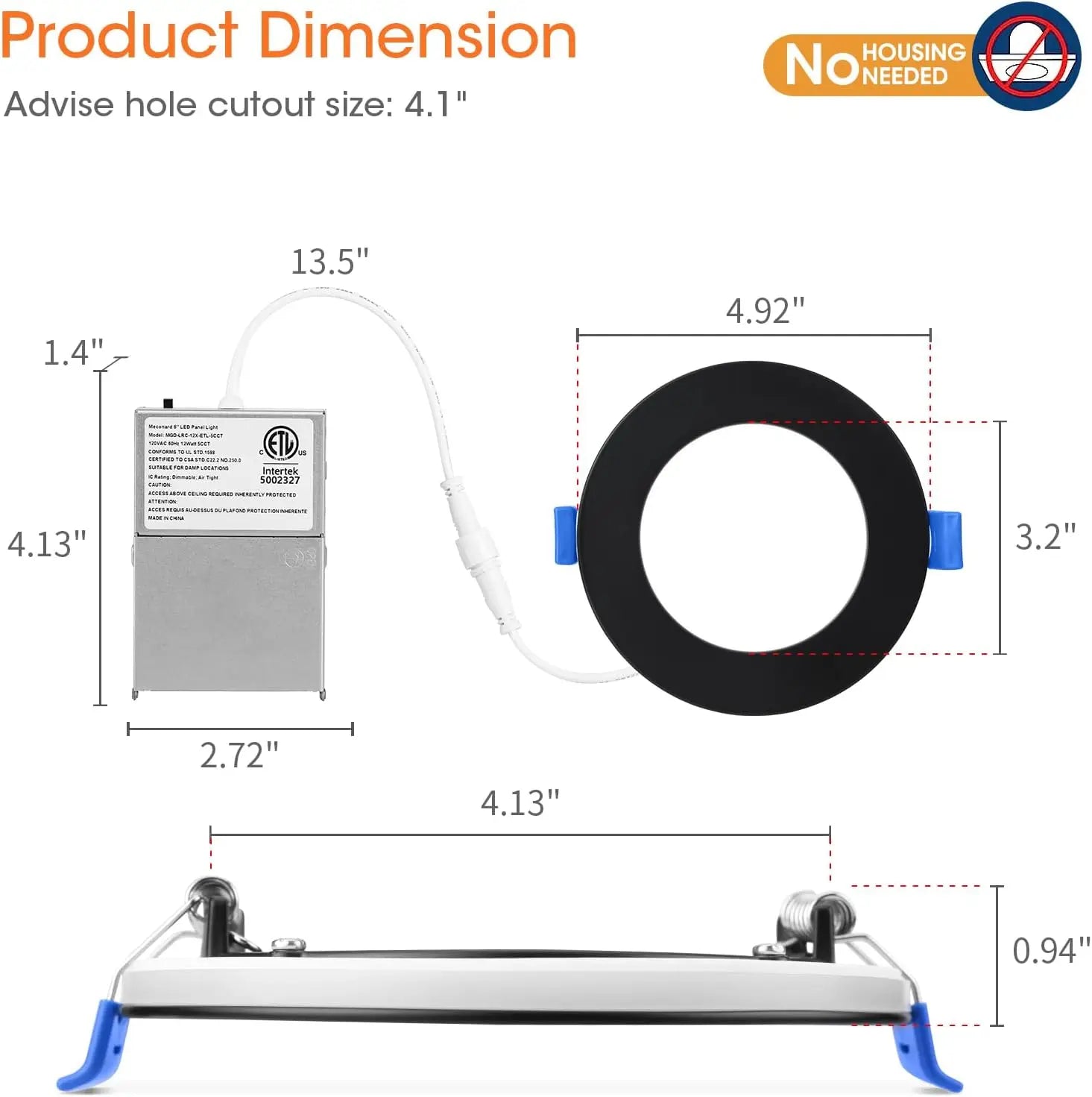 12 Pack 4" 5CCT Ultra-Thin LED Recessed Light with Night Light, 9W=75W, 750LM, Dimmable, Black Trim