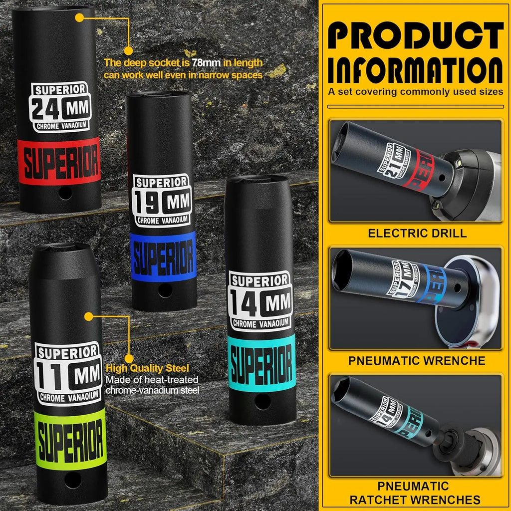 14 Piece 1/2" Drive Impact Socket Set, 8-24 mm Deep Sockets, CR-V Steel, 6-Point, Metric with Adapter & Holder for Automotive